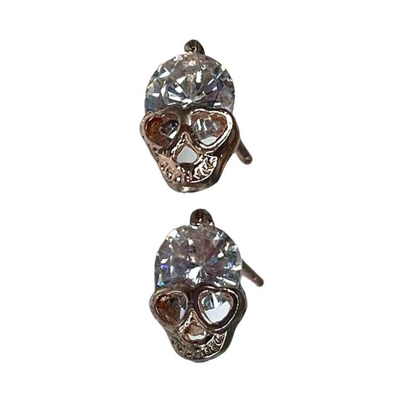 Skull Heart Eye Stud Earrings Rose Gold Tone with CZ/ Crystal Type Faux Diamond - Picture 7 of 9